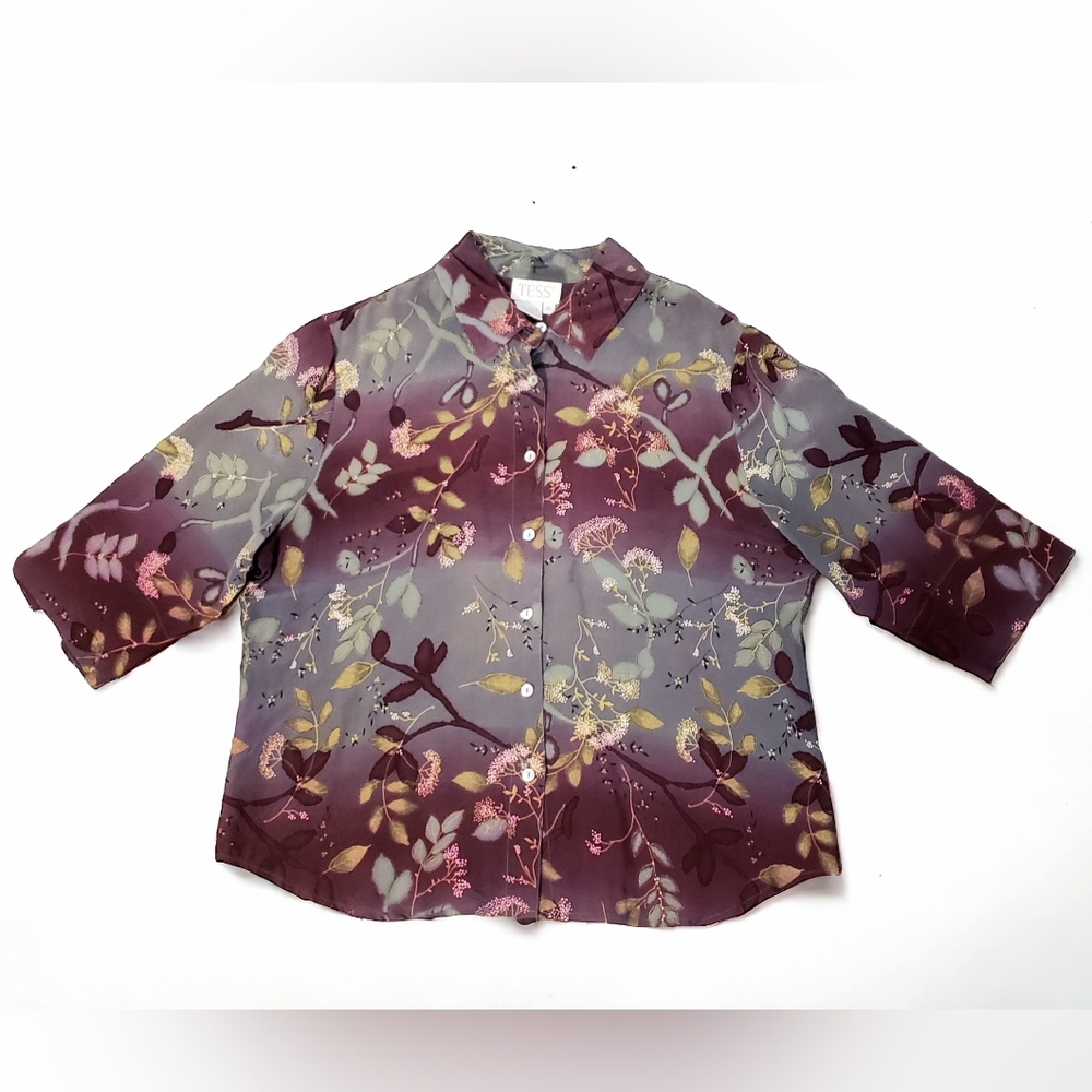 Tess Silk Floral Button Up Blouse Burgundy Sage 3/4 Sleeve Boxy Womens XL